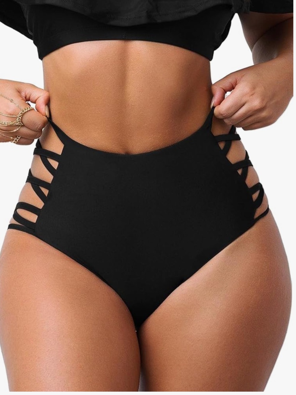 High-Waist Strappy Bikini Bottom - Black